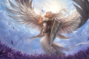 fantasy, Angel, Warrior, Sword, Flower, Blue, Sky, Dragon, Designe