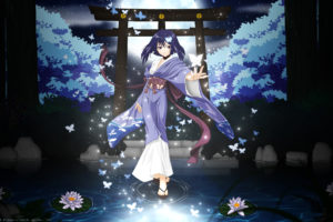 akai, Ito, Butterfly, Flowers, Hatou, Yumei, Japanese, Clothes, Moon, Night, Purple, Eyes, Purple, Hair, Short, Hair, Tree, Vector, Water, Yasaka, Minato, Yukata