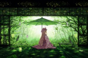 blonde, Hair, Book, Butterfly, Dead, Line, Drink, Green, Hat, Leaves, Long, Hair, Shade, Touhou, Tree, Umbrella, Yakumo, Yukari