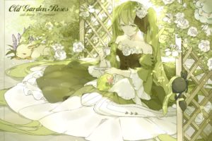 budew, Cottonee, Crossover, Dress, Flabebe, Flowers, Green, Green, Eyes, Green, Hair, Leafeon, Long, Hair, Meloetta, Pokemon, Rose, Shaymin, Twintails, Vocaloid