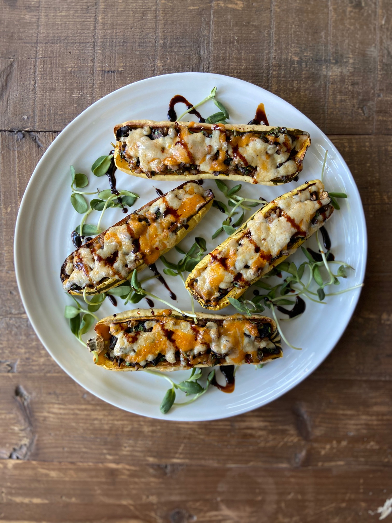 Thanksgiving baked plate of delicata squash with balsamic