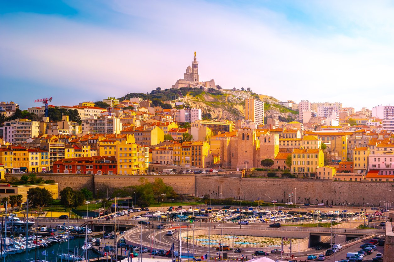 Aerial panoramic view of Marseille Old Port. Marseille, Provence, France. Holidays in France.