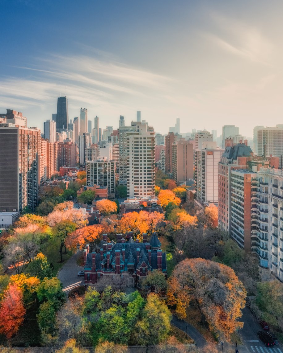 Aerial view of Chicago downtown with fall foliage