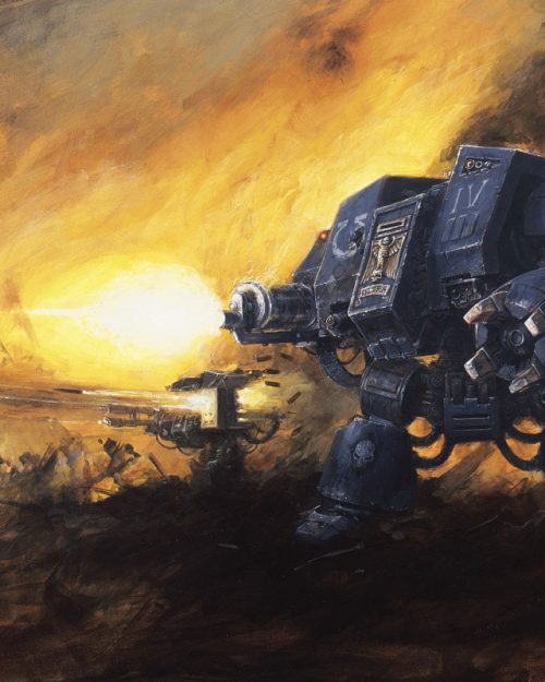 A Space Marine Dreadnought from the Ultramarines Chapter.