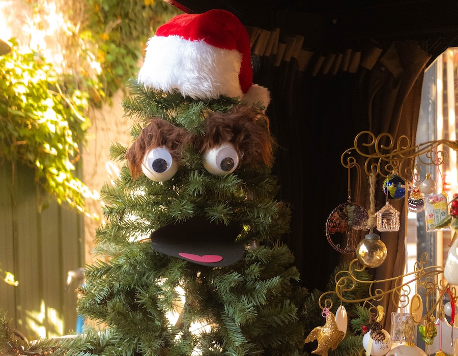 A Christmas tree decorated to resemble the character Oscar the Grouch, wearing a Santa hat and large googly eyes, with a festive setting in the background.