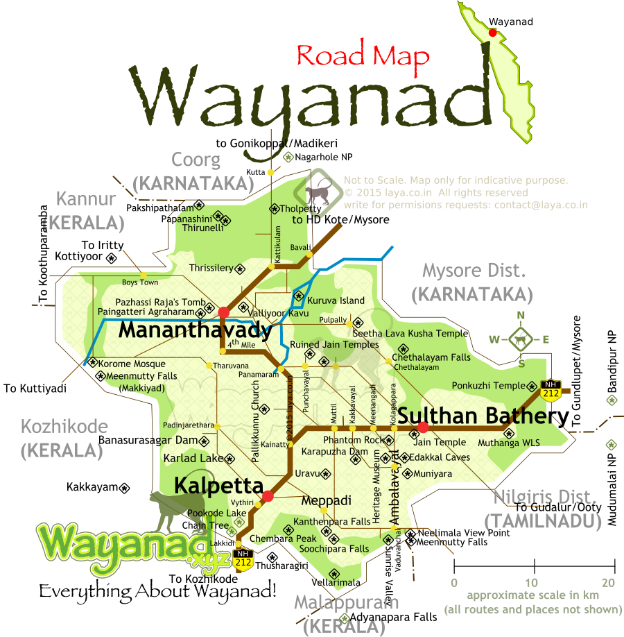 Major highways and routes to reach the popular tourist attractions in Wayanad is listed in the map.