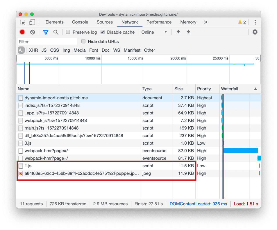 Tab Jaringan DevTools setelah tombol diklik, yang menampilkan file 1.js tambahan dan gambar yang ditambahkan ke bagian bawah daftar file.