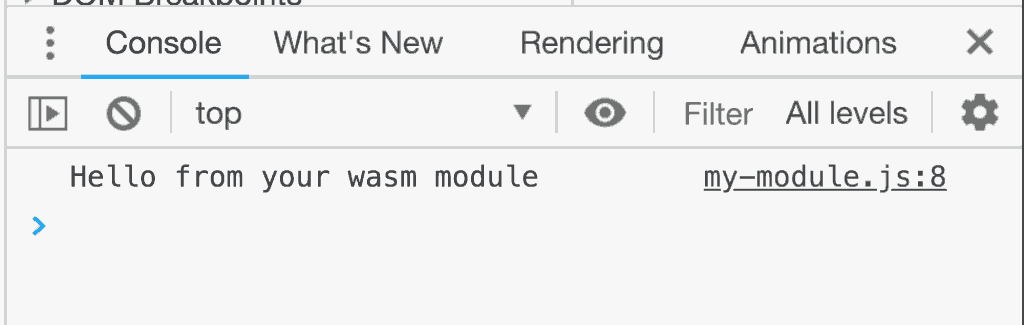 DevTools mit einer über C++ und Emscripten gedruckten Nachricht