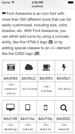 Exemplo de uma página que usa o FontAwesome para os ícones de fonte.