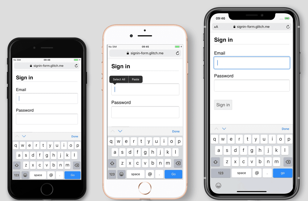 Screenshot di un modulo di accesso su iPhone 7, 8 e 11. Su iPhone 7 e 8 il pulsante Accedi è oscurato dalla tastiera del telefono, ma non su iPhone 11.