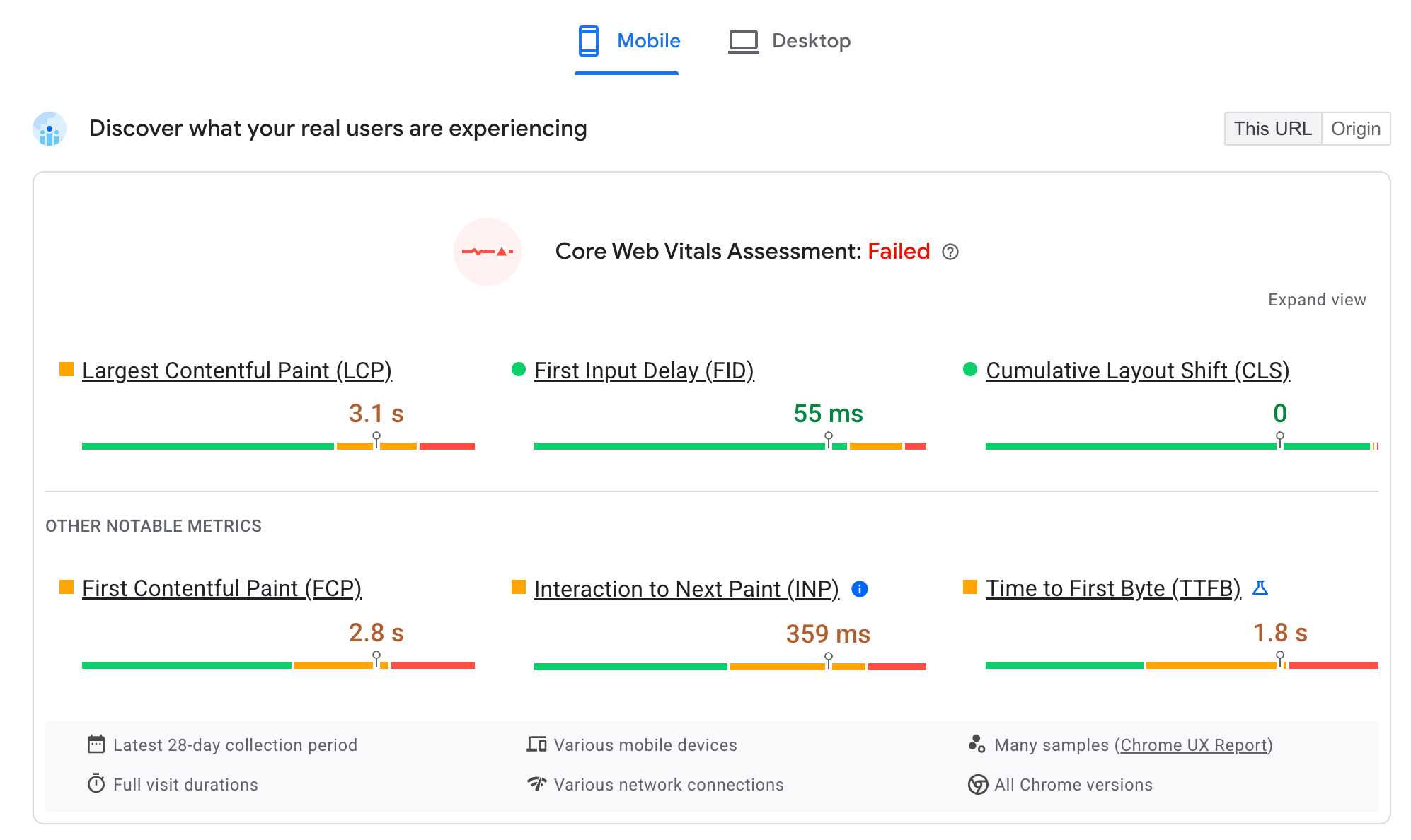 PageSpeed Insights에서 URL의 Core Web Vitals에 대한 CrUX 데이터를 표시하는 방식 각 코어 웹 바이탈이 별도로 표시되며, 각 코어 웹 바이탈은 지난 28일 동안 &#39;좋음&#39;, &#39;개선 필요&#39;, &#39;느림&#39; 기준점으로 그룹화됩니다.