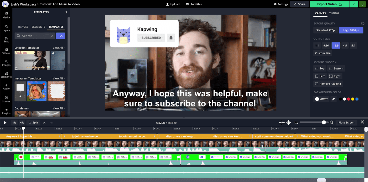 El editor de Kapwing tiene un menú para los medios de comunicación que incluye varias plantillas y elementos personalizados, incluidas algunas plantillas específicas de ciertas plataformas, como LinkedIn. una línea de tiempo que separa el video, el audio y la animación editor de lienzos con opciones de calidad de exportación; una vista previa del video y más capacidades.