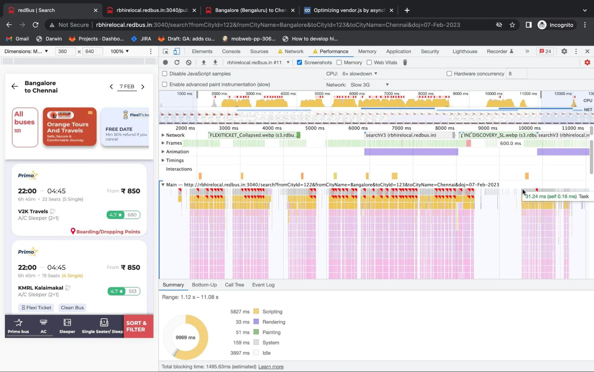 디바운스되지 않은 스크롤 이벤트 콜백을 실행하는 redBus 웹사이트를 보여주는 Chrome DevTools의 성능 패널 스크린샷 결과적으로 기본 스레드가 차단됩니다.