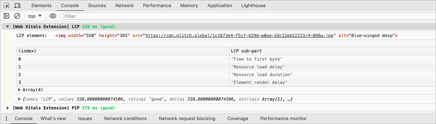 Logging nella console dell&#39;estensione Web Vitals che mostra le tempistiche della parte secondaria LCP