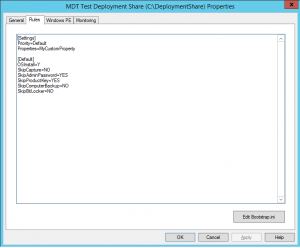 A default CustomSettings.ini in the deployment share properties.