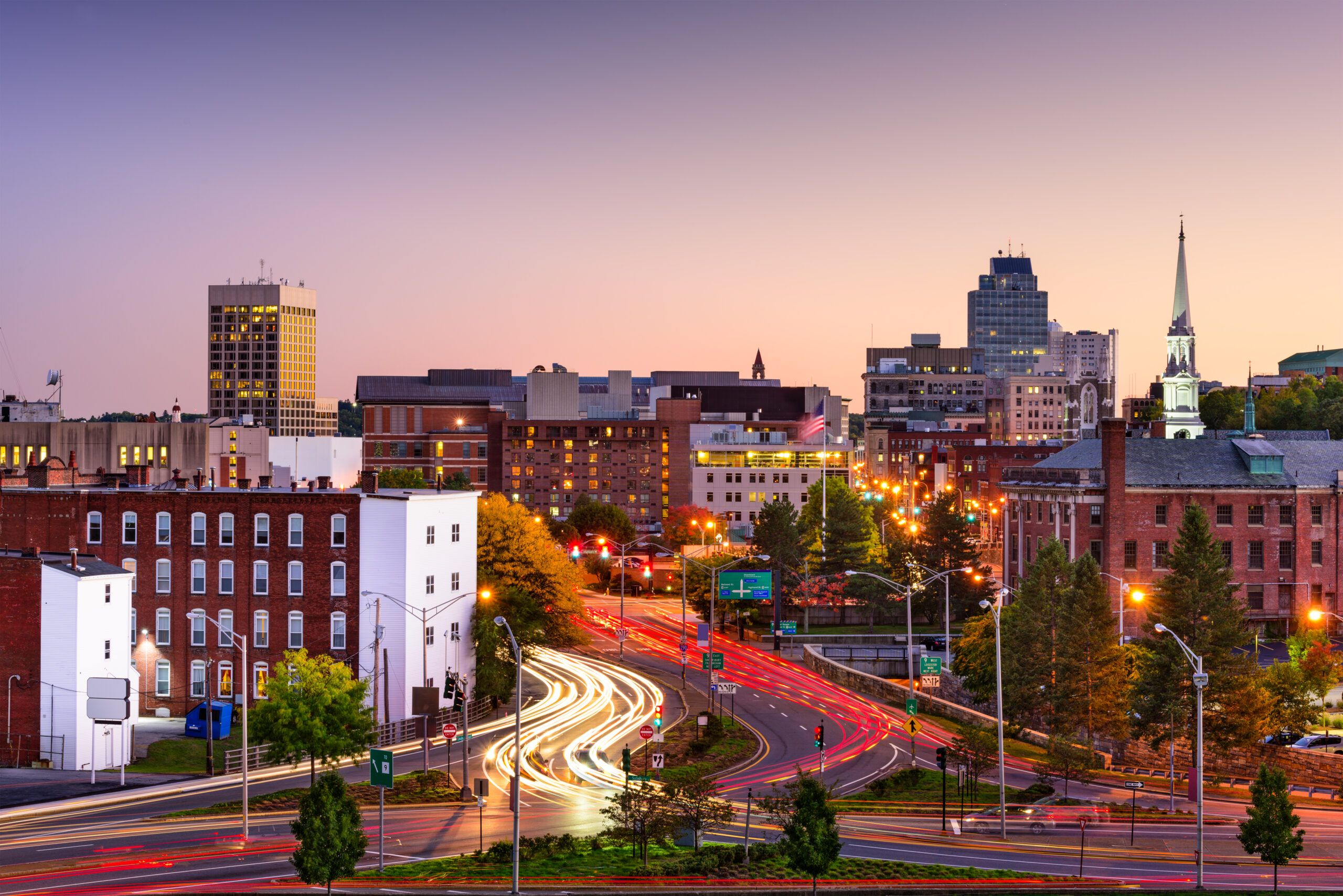 Downtown Worcester lit up at dusk