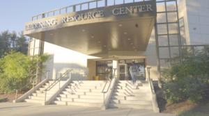 The entrance of the Learning Resource Center on Worcester State's campus