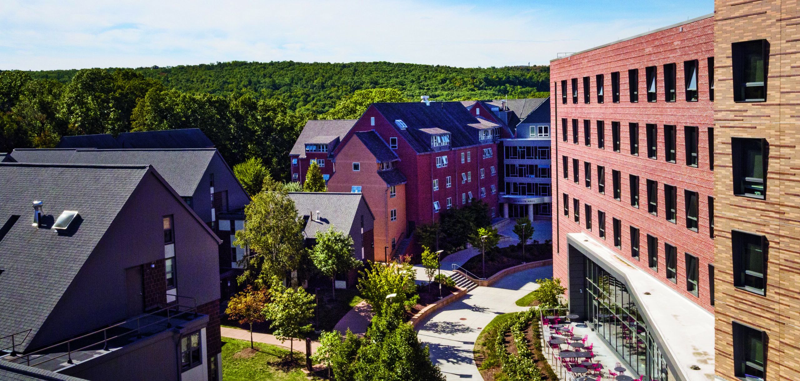 An arial view of Worcester state's campus during the fall