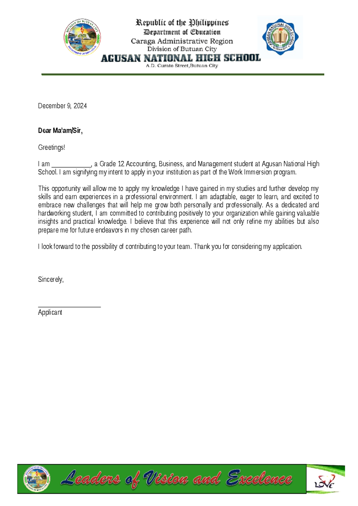 Sample Application Letter for Work Immersion - December 9, 2024 Dear Ma ...