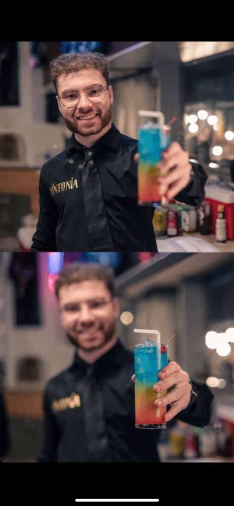 photo strip of two photos of a SINTONIA BARTENDERS bartender holding a colorful cocktail, Orlando, FL