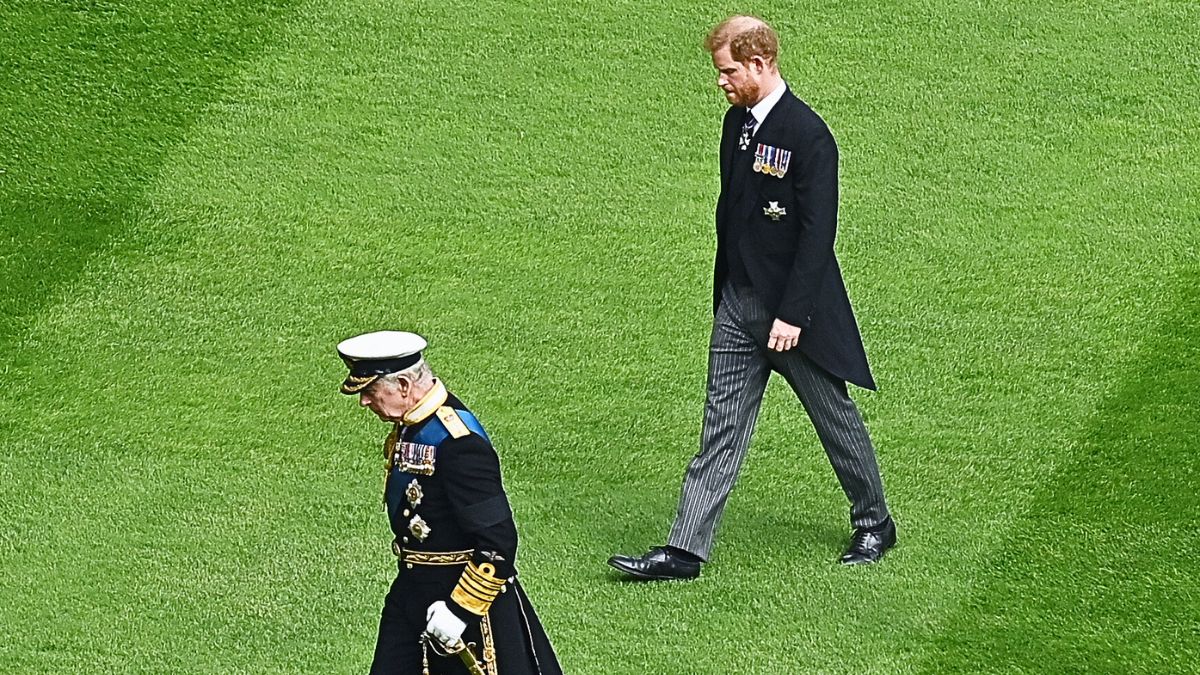 (From L) Britain's King Charles III, Britain's Prince Harry, Duke of Sussex, Britain's Prince Andrew, Duke of York and Britain's Prince William, Prince of Wales join the Procession following the coffin of Queen Elizabeth II, aboard the State Hearse, in the Quadrangle inside Windsor Castle on September 19, 2022 in Windsor, England. The committal service at St George's Chapel, Windsor Castle, took place following the state funeral at Westminster Abbey. A private burial in The King George VI Memorial Chapel followed. Queen Elizabeth II died at Balmoral Castle in Scotland on September 8, 2022, and is succeeded by her eldest son, King Charles III.