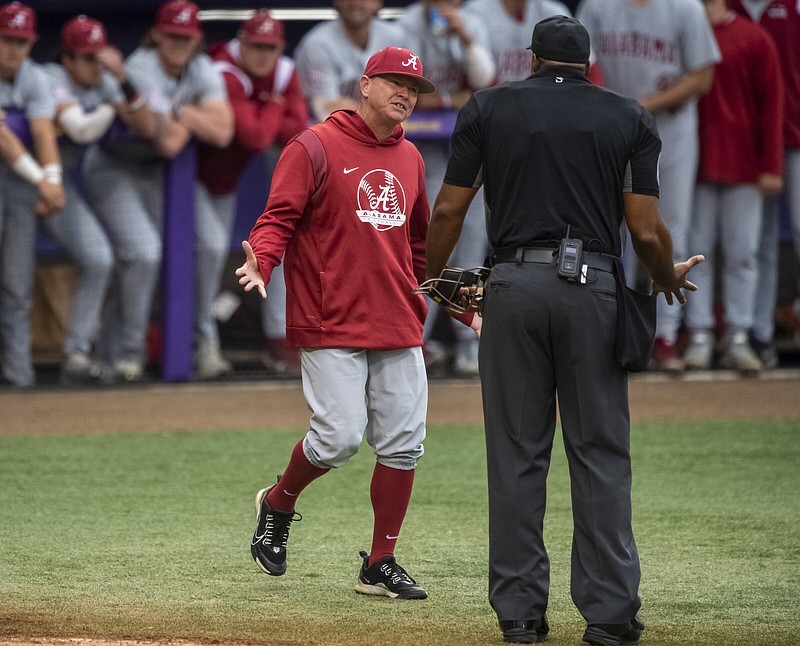 Alabama head coach Brad Bohannon, left, argues with umpire Joe Harris after being tossed from an NCAA college baseball game in the bottom of the second inning against LSU, Saturday, April 29, 2023, in Baton Rouge, La. Alabama is firing baseball coach Brad Bohannon after a report of suspicious bets involving his team, with the school saying he violated “the standards, duties and responsibilities expected of university employees.” The firing announced Thursday, May 4, came three days after a report warning of suspicious wagers prompted Ohio’s top gambling regulator to bar licensed sportsbooks in the state from accepting bets on Alabama baseball games.
(Michael Johnson/The Advocate via AP)