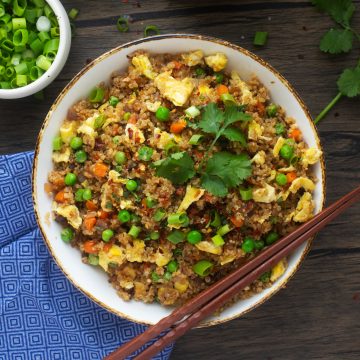 Square overhead photo of quinoa rice rice in a shallow bowl.