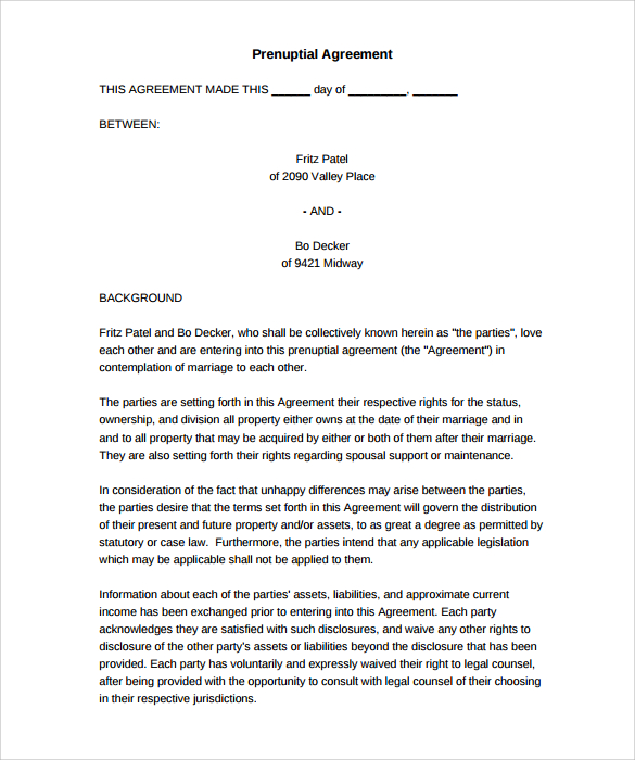 Printable Prenuptial Agreement Legal Pleading Template