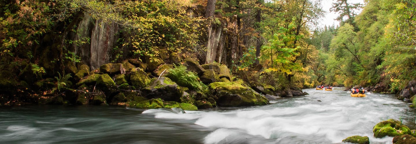 A scenic view of the White Salmon River canyon on a Washington river rafting trip.