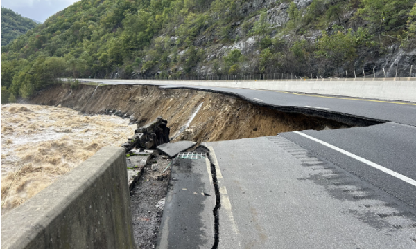 A photo of a damaged portion of Interstate 40 caused by Tropical Storm Helene