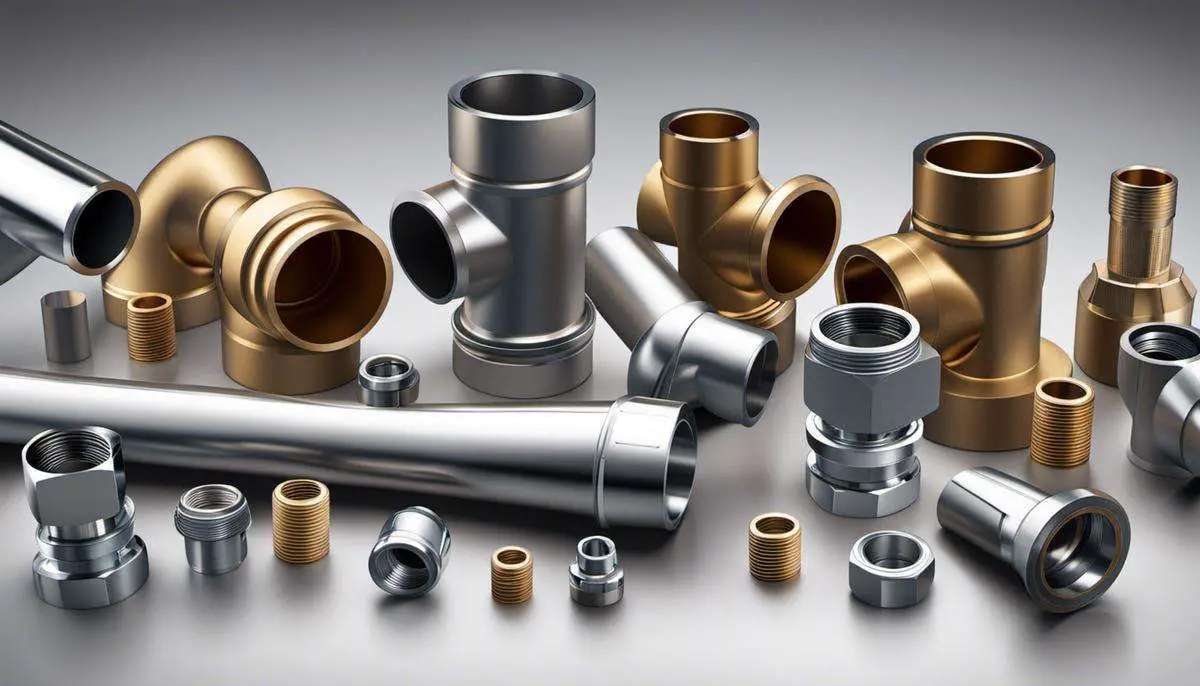 Illustration of different types and sizes of pipe fittings in a plumbing system