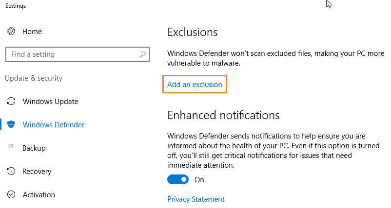 Windows Defender: Add an exclusion