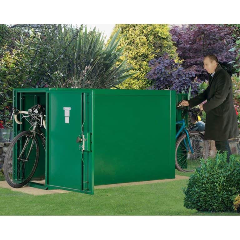 2'11 x 6'3 Asgard Premium double-ended metal bike shed for secure outdoor storage.