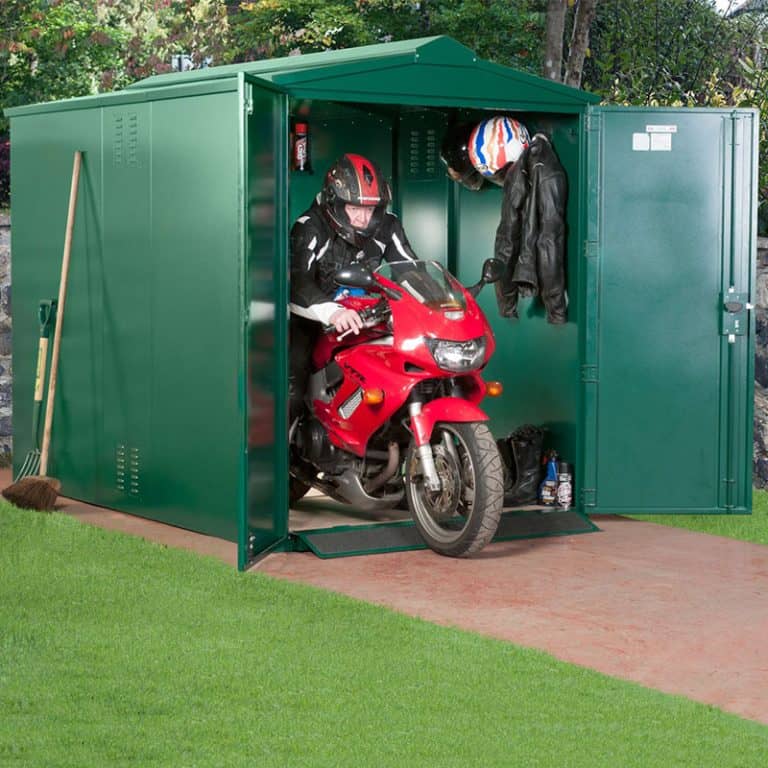 5'2 x 9' Asgard secure motorbike garage with durable construction for optimal protection and storage.