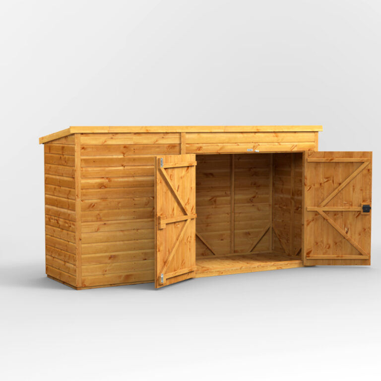 Wooden Oren 10' x 3' shiplap pent bike shed for outdoor storage and protection of bicycles.