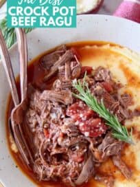 overhead image of shredded beef ragu in bowl with polenta