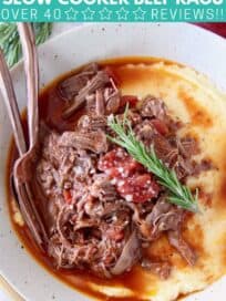 overhead image of shredded beef ragu in bowl with polenta