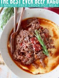 overhead image of shredded beef ragu in bowl with polenta