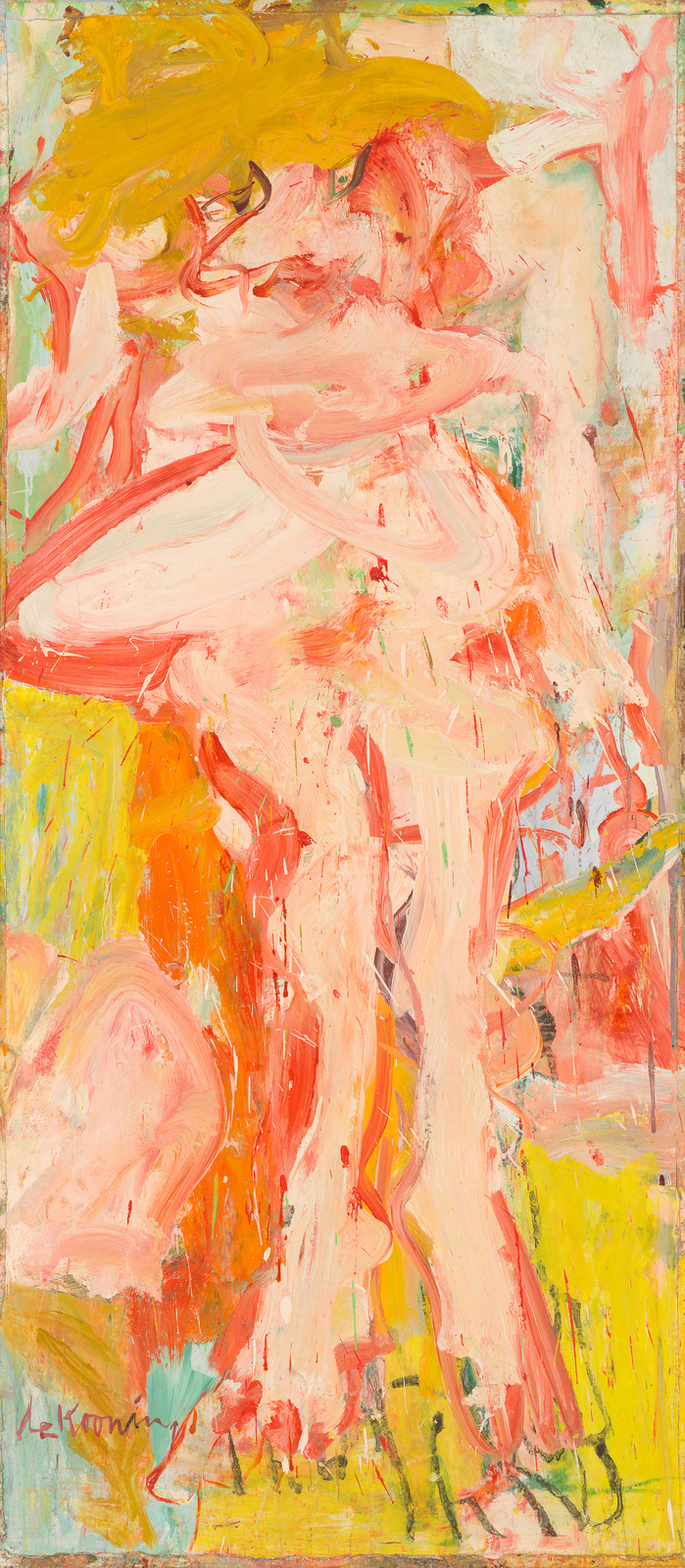 An abstract expressionist painting with vibrant strokes of yellow, red, pink, and white, with visible brushwork and a dynamic sense of movement. The artist's signature is visible at the bottom left.