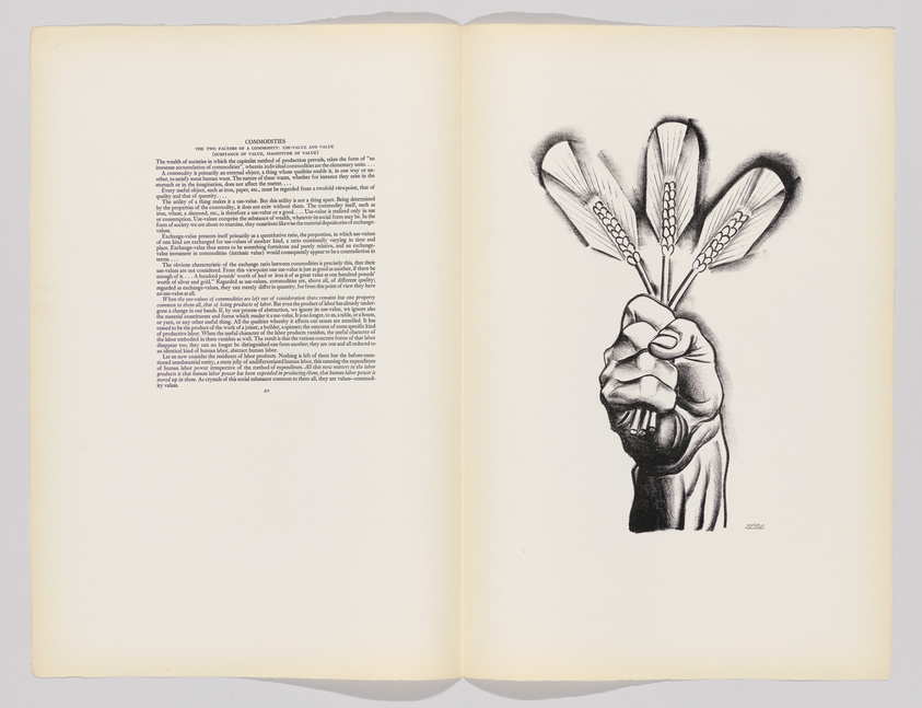 An open book with the left page filled with text and the right page featuring a black and white illustration of a clenched fist holding a bunch of wheat stalks.