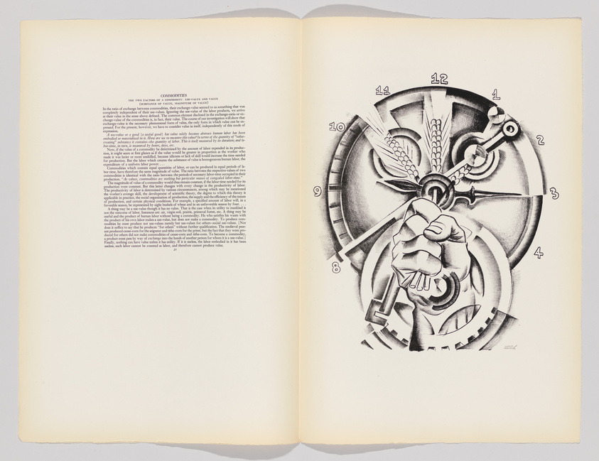 An open book with the left page containing a block of text under the title "COMMODITIES" and the right page featuring a detailed black and white illustration of a circular diagram with various elements such as wheat, gears, and a central hand holding a sword, all numbered for reference.