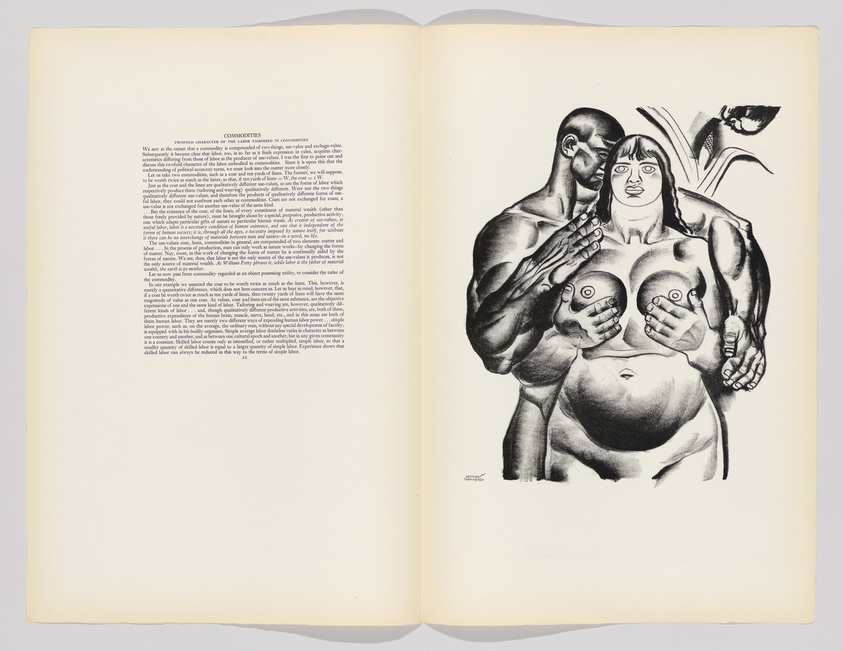 An open book with the left page filled with text under the heading "COMMODITIES" and the right page featuring a black and white illustration of a muscular man and woman standing side by side, with the man's hands on the woman's breasts, which have targets on them. Above them, a small bird flies with a twig in its beak.