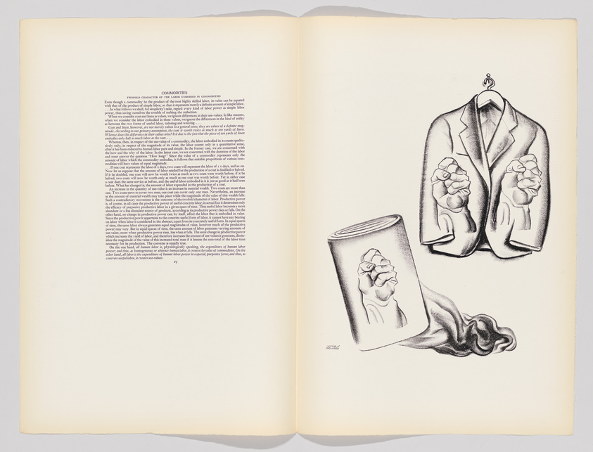 An open book with the left page filled with text under the heading "COMMODITIES" and the right page featuring an illustration of a suit jacket on a hanger and a rolled-up piece of fabric, both adorned with muscular human arms in place of sleeves.