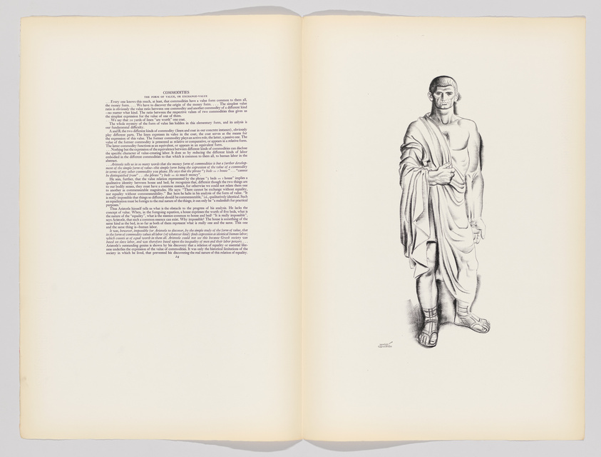 An open book with the left page filled with text under the heading "COMMODITIES" and the right page featuring a detailed pencil drawing of a classical statue of a man in draped clothing, standing with one arm extended and wearing sandals.