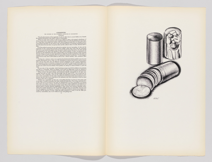 An open book with the left page filled with text under the heading "COMMODITIES" and the right page featuring a detailed pencil drawing of three cylindrical objects resembling canned goods, one of which is sliced to reveal a cross-section of a human brain.