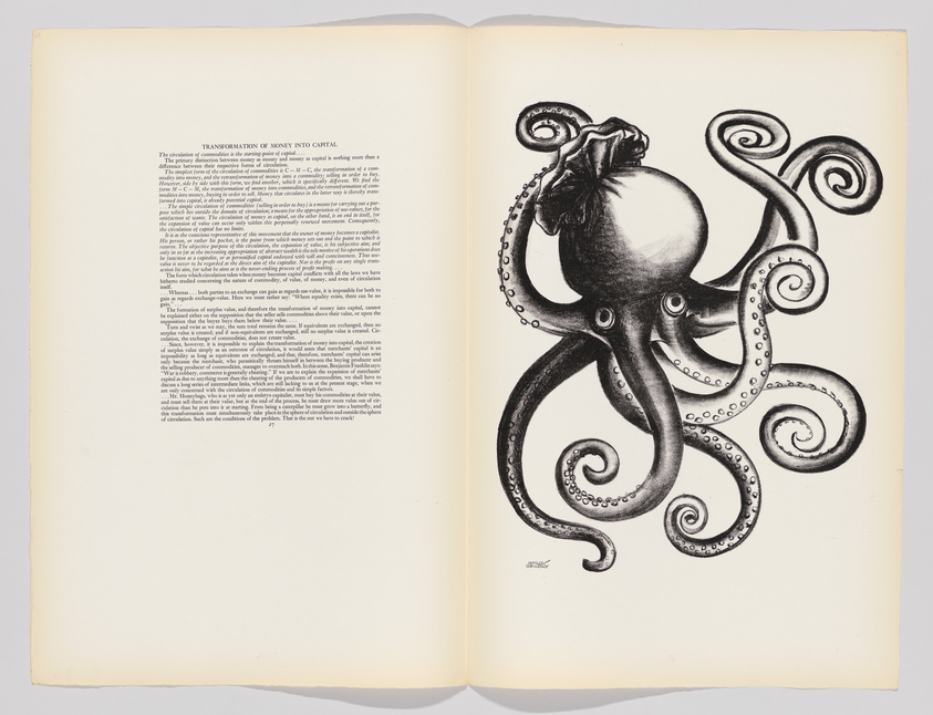 An open book with the left page containing dense text under the heading "TRANSFORMATION OF MONEY INTO CAPITAL," and the right page featuring a detailed black and white illustration of an octopus with swirling tentacles.