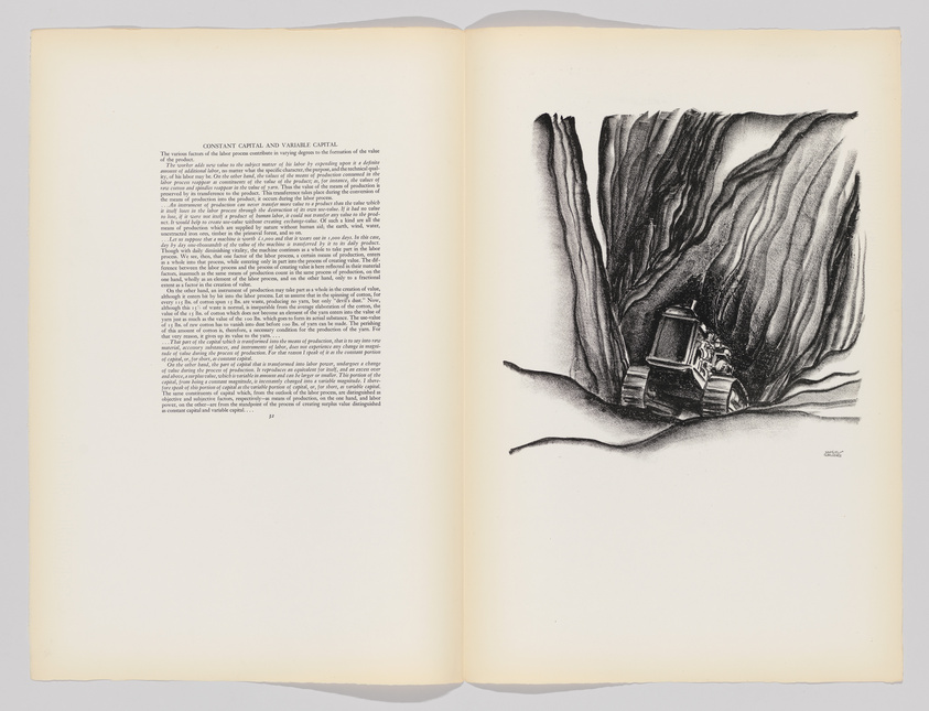 An open book with the left page containing dense text under the heading "CONSTANT CAPITAL AND VARIABLE CAPITAL," and the right page featuring a black and white illustration of a large, dark cave with striated walls, inside of which an old-fashioned, boxy television set is discarded and partially buried in the ground.