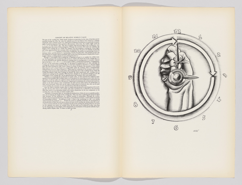 An open book with two pages visible. The left page contains dense text under the heading "CONCEPT OF RELATIVE SURPLUS VALUE," while the right page features a detailed illustration of a hand holding a stopwatch, with numbers 1 through 12 arranged in a circular pattern around the watch, suggesting the passage of time or a clock.