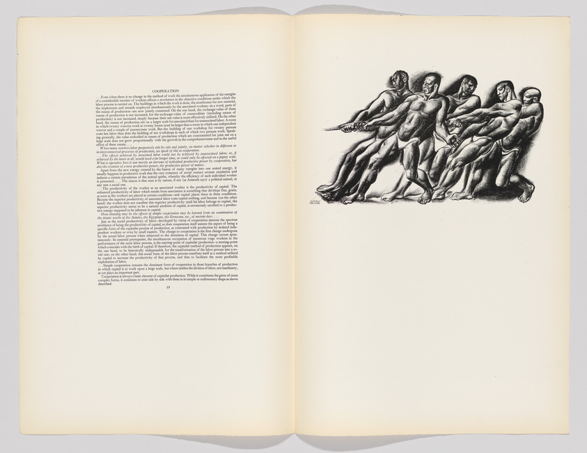 An open book with the left page filled with text under the heading "COOPERATION" and the right page featuring a black and white illustration of seven human figures, each with one hand extended forward holding a rope and the other hand placed on the hip of the person in front, suggesting a collaborative effort or teamwork.