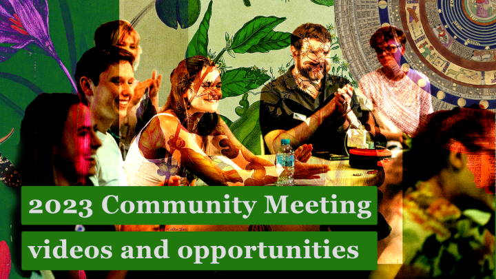 Photo of a group of people at the 2022 Community Festival, collaged green toned images from Wikimedia Commons with text overlaid reading: 2023 Community Meeting videos and opportunities